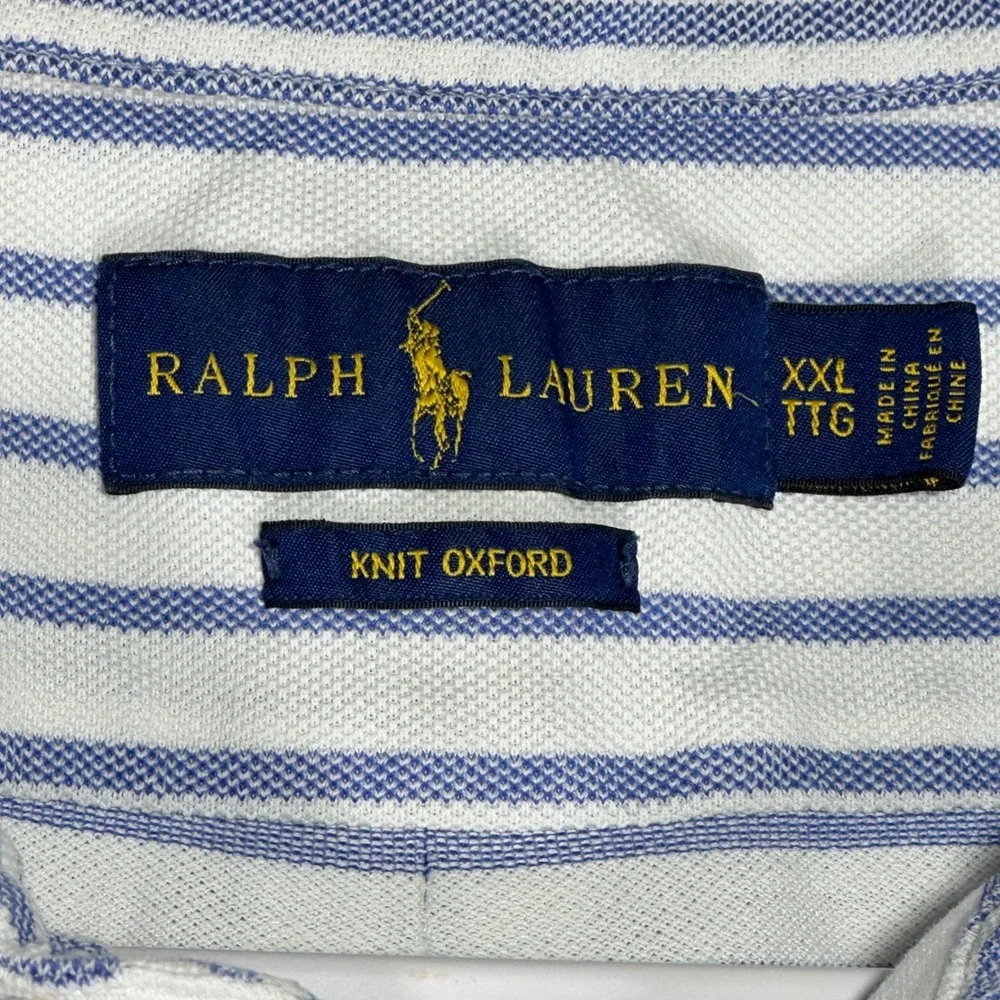 Ralph Lauren Knit Oxford Polo‎ Shirt Mens XXL Blue White Striped Short Sleeve